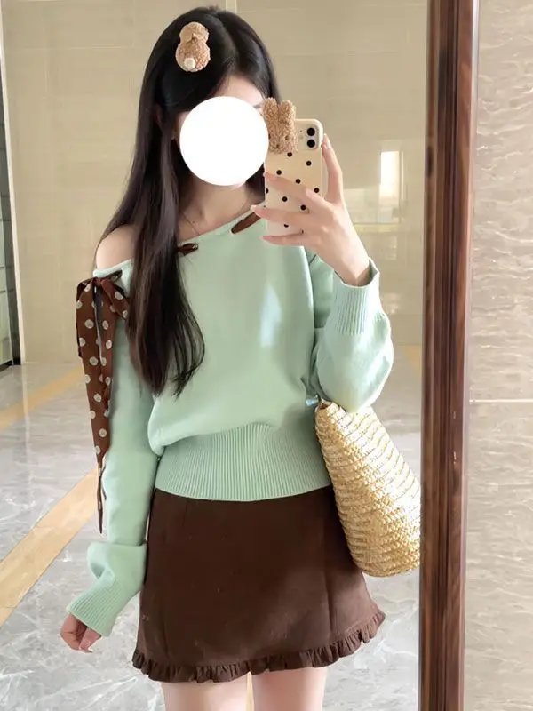 

Japan Design Niche Polka Dot Strap Sloping Shoulder Top Suit Women'S Autumn High Waist Slimming Ear Skirt Two-Piece Set