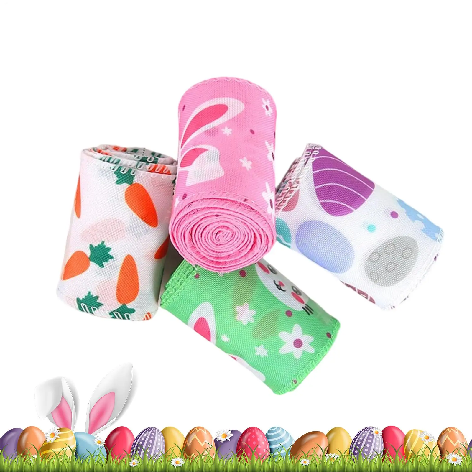 4pcs Easter Wrapping Ribbons Rabbit Easter Egg Printed Fabric Craft Ribbons for Gift Packaging Wreath Bow Crafts Party Decor