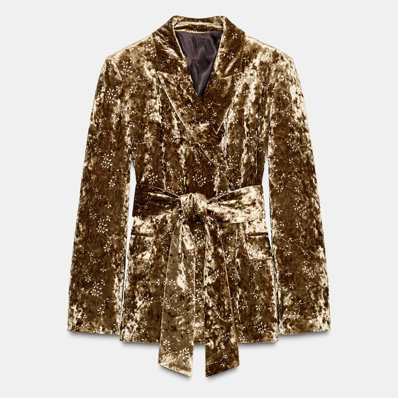 

Блестящий бархатный комплект из двух предметов для женщин, с лацканами на плечах, с мягким поясом, блейзер, пальто, узкие брюки с боковой молнией, новинка 2023 года, женский наряд