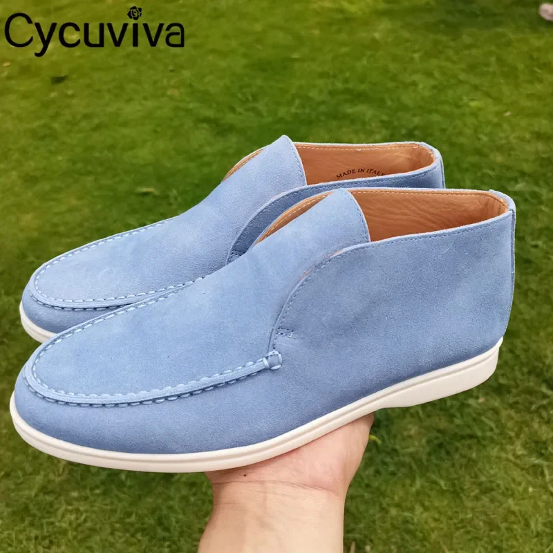 

High Top Men Loafers Shoes KidSuede Runway Casual Shoes Male Classic Round Toe Slip On Flat Shoes Men