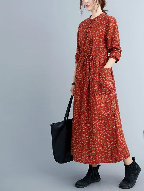 2024 Autumn  Thickened Cotton and Linen Long-sleeved Dress Autumn Dress