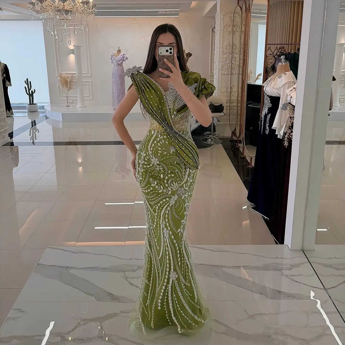 

﻿Exquisite Rhinestone Beaded Party Gown Sage Green Arabic Evening Dress Arabic Prom Dresses Engagment Cocktail Dress Customized