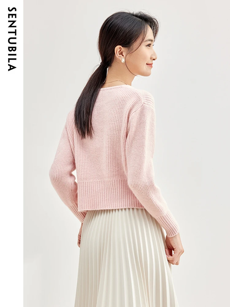 SENTUBILA Light Pink Square Collar Short Pullover Knitted Sweater 2024 Spring High Strecth Soft Female Knitwear Jumper W33E51091