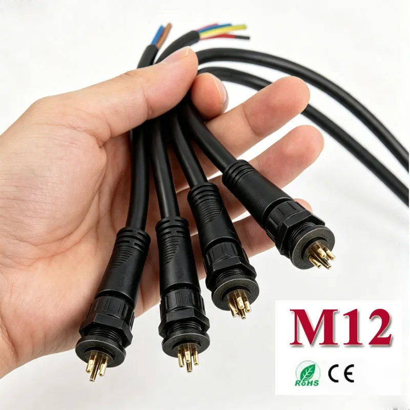 Waterproof M12  2 3 4 5pin Plug Panel Socket Industrial Aviation Connectors 0.5/0.75/1.0 Square Male Female Quick Docking IP68
