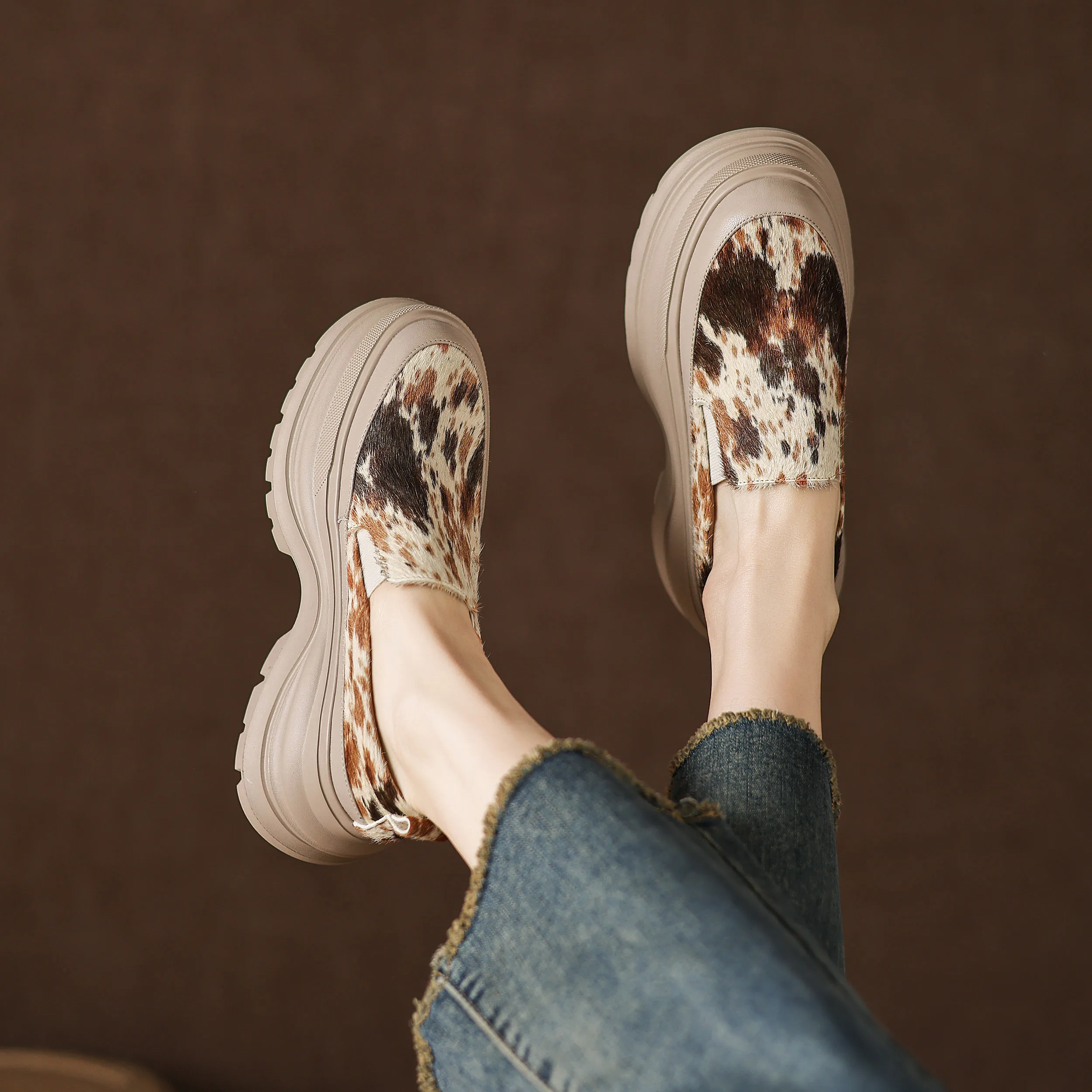 

Handmade Genuine Leather Horsehair Platform Heel women's Loafers Chunky Round Toe Slip On Fashion sneaker Casual Women Shoes