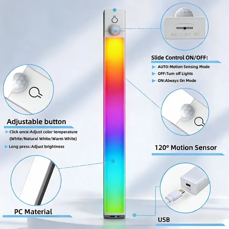 11.81/19.69in RGB Cabinet Light USB Type-C Rechargeable Light Motion Sensor Led Lamp for Kitchen Wardrobe Cabinet Lighting