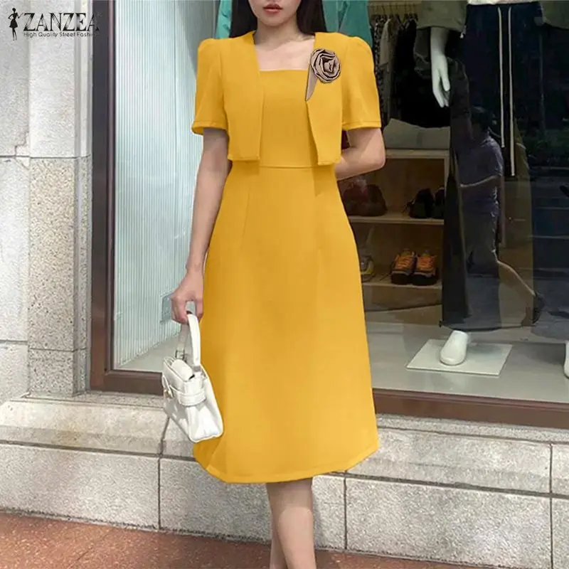 Damen Sommer OL Arbeitskleidung Sets 2026 ZANZEA Büro-Outfit Ärmelloses Tanktop Kleid Kurzarm Bluse Sommerkleid Anzug 2-teiliges Set