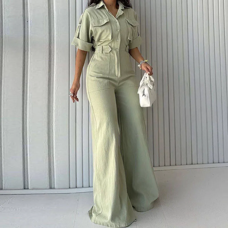 

Spring Summer Short Sleeved Cargo Jumpsuit Women Casual Lapel High Waist Commuting Playsuit Fashion Streetwear Long Pants Romper