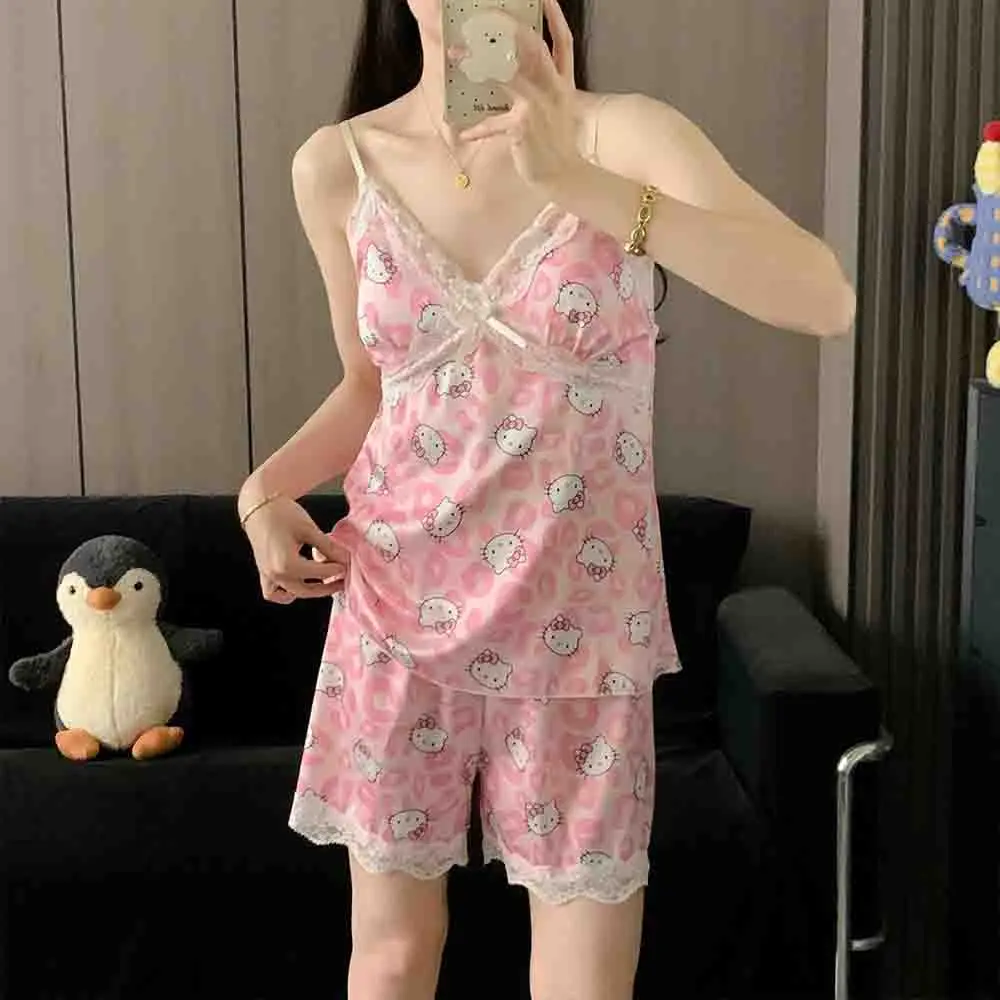 

Summer Kawaii Girls Pajamas Hello Kittys Suspenders with Chest Pads Home Clothes Loose Casual Simple Trendy Print Giftnew Model