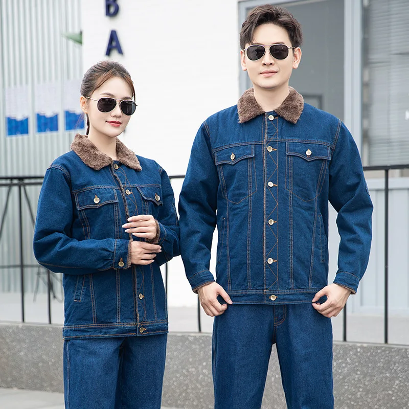 Winter Work Clothing Warm Fleece Denim Jacket Coat Single Breasted Thermal Working Welding Suit Wear Resistant Workwear Thick 4x