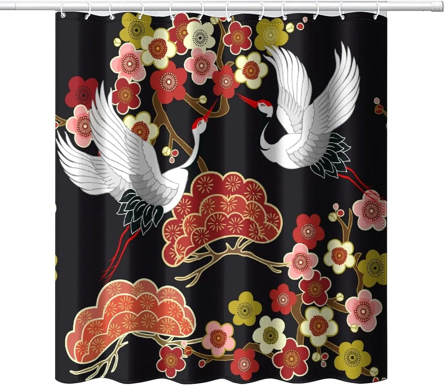 

Душевая штора с японскими журавлями и цветами сакуры на черном фоне, восточный стиль