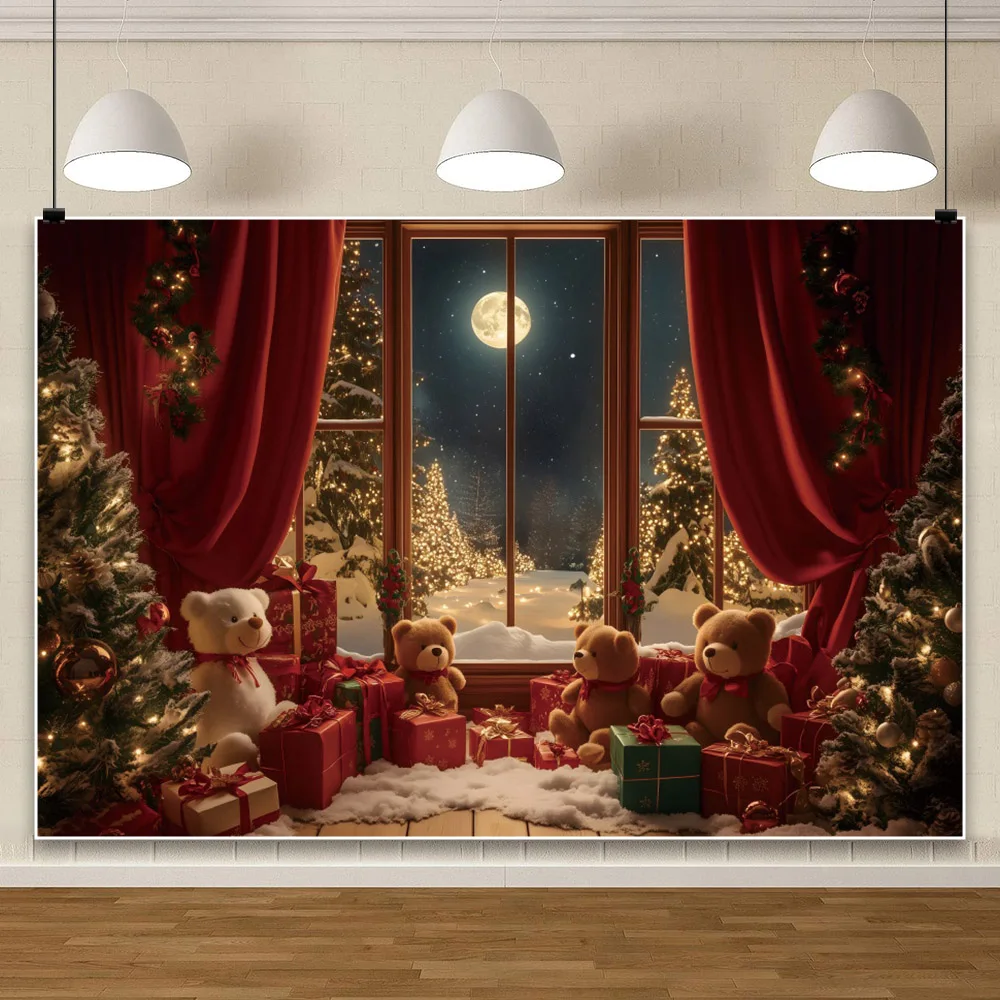 Christmas Backdrop 2024 Winter Window Xmas Tree Snowy Night Teddy Bear Christmas Canvas Photography Background Photo Studio Prop