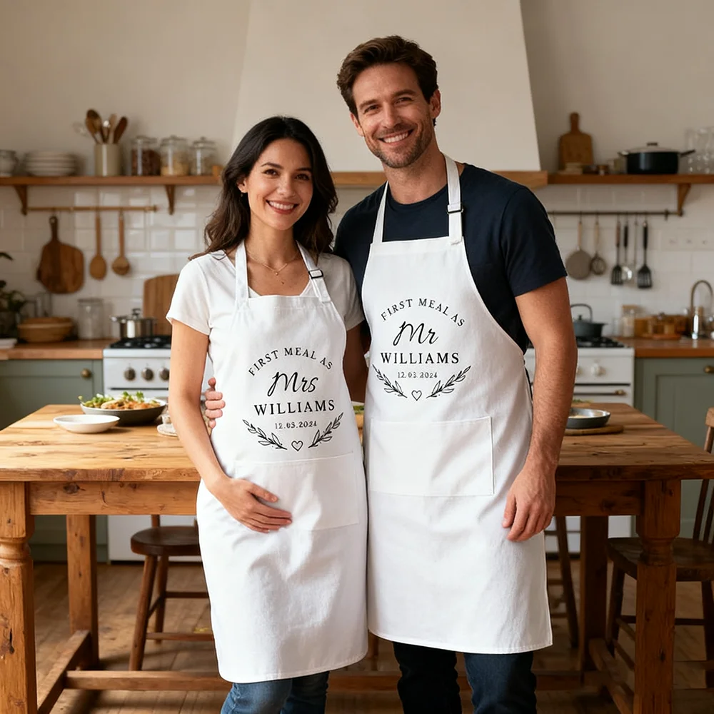 

Personalized Mr Mrs Bride Groom Couple Apron First Meal Wedding Engagement Newlywed Bridal Shower Anniversary Christmas Gift