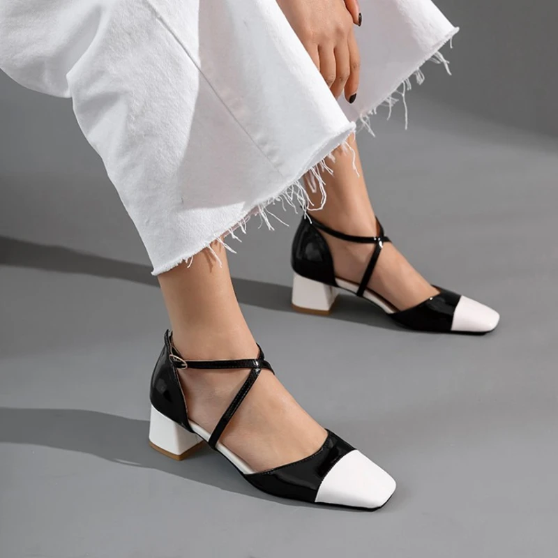 REAVE kot panie pompy nowy 2021 słodkie Patchwork plac Toe 4.5cm obcasy lakierki klamra duży rozmiar data lato czerwony C2234