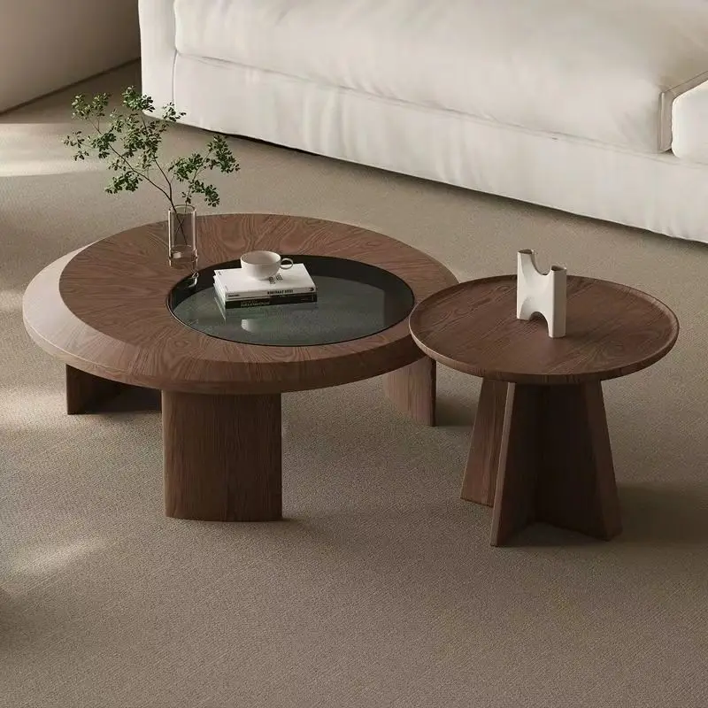 Modern simple walnut color coffee table combination round glass designer creative Italian living room home coffee table