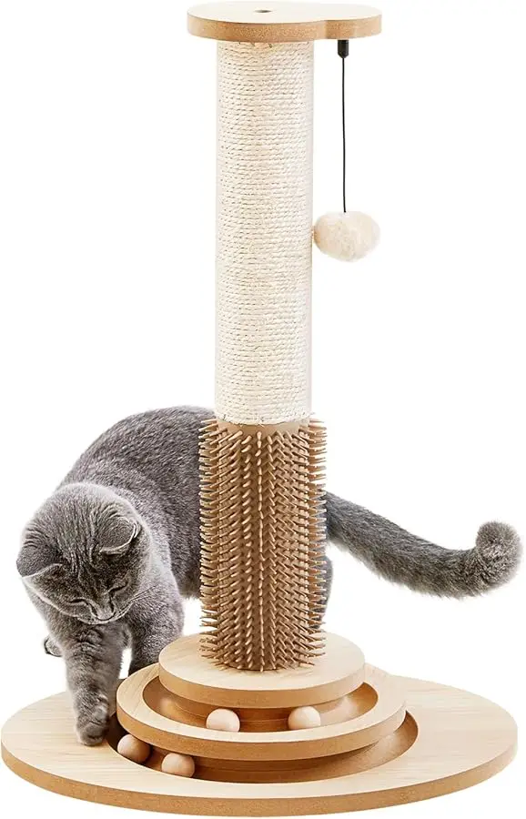 

Made4Pets Cat Scratching Post, 23" Tall Sisal Cat Scratcher Post with Self Groomer, 4-in-1 Interactive Trackball Toys with Hair