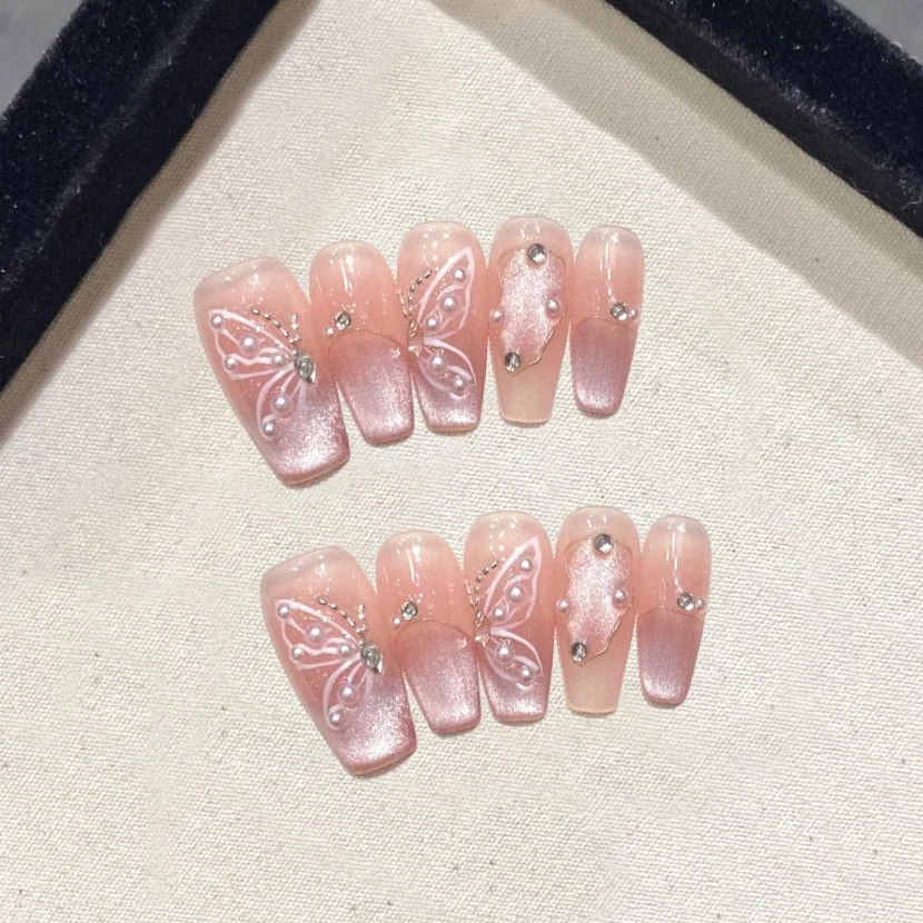 10pcs Cat Eye Coffin Handmade Press on Nails Butterfly Pearl Diamond False Nails Gentle Glitter Full Cover Acrylic Fake Nail Tip