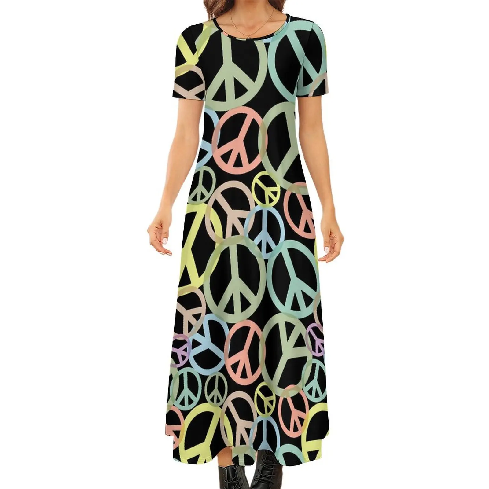 Vestido colorido de la paz, Vestido largo con estampado de letreros Retro, moda urbana, vestidos largos bohemios de playa para mujer, Vestido de manga corta de gran tamaño