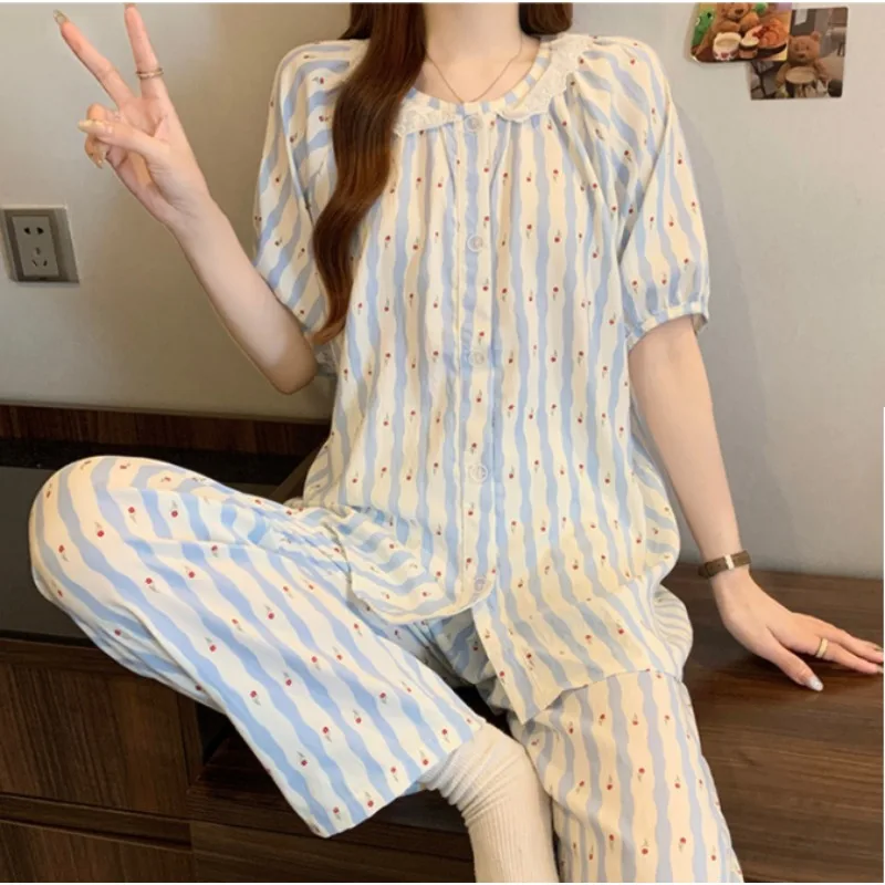 

3 Piece Pajamas Ladies Short Sleeve Shorts Printed Striped Round Neck Lace Loungewear Women Plus Size Sleepwear Homewear