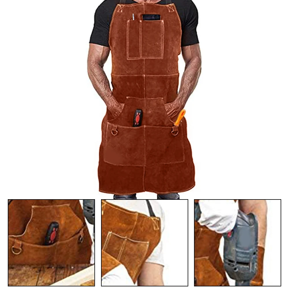 1pc Leather Welding Apron With 6 Pockets For Men Heavy Duty Apron Heat Flame Welder Blacksmith Power Tools Welding Apron