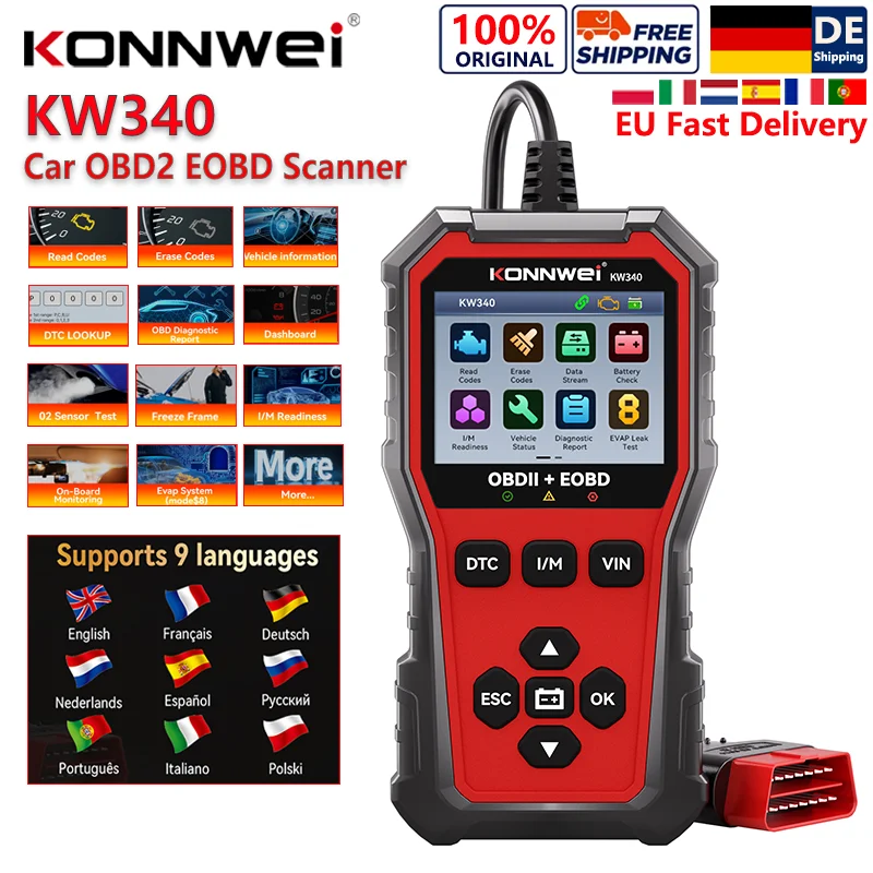 2026 KONNWEI KW340 Auto OBD2 CAN EOBD Scanner Diagnosegerät Motor- & Batterieprüfung Fehlercode lesen Daten löschen Scanner Kostenloser Versand