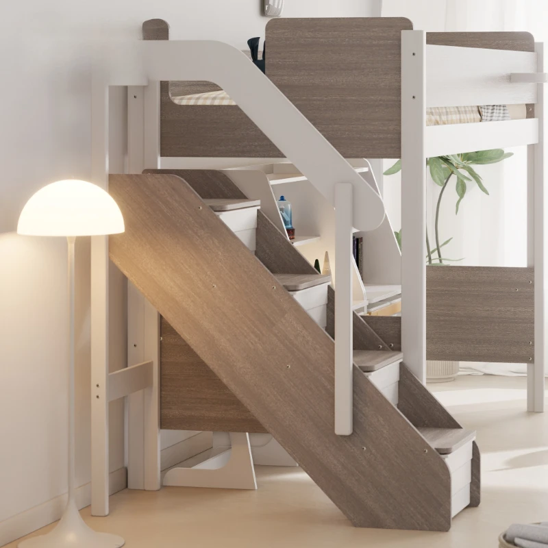 

Белая современная однотонная аккуратная деревянная детская двухъярусная кровать для хранения лестницы