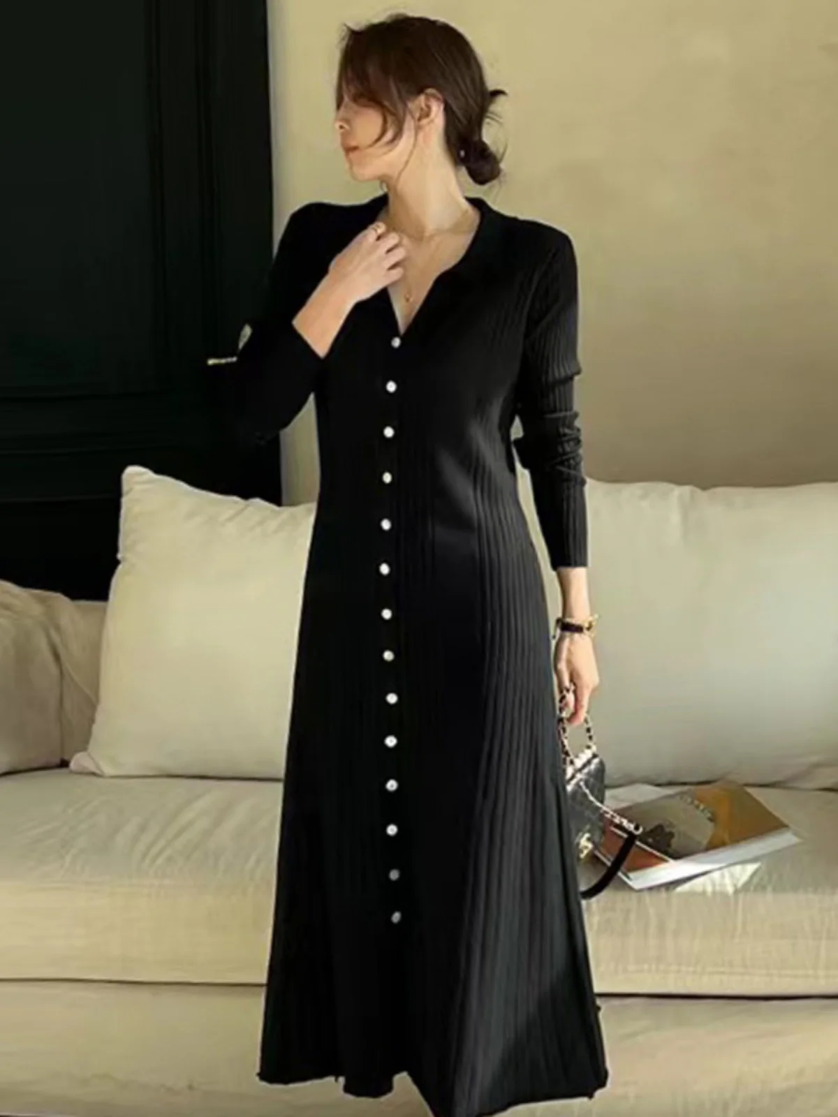 Chic Autumn Winter Knitted Long Sleeve Dress Casual Loose Women's Fashion Turn-down Collar Single Button Long Dress