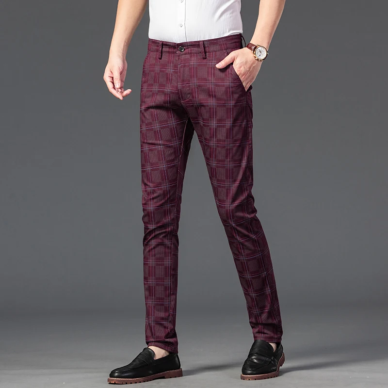 7 Color Classic Plaid Stripe Men's Suit Pants Business Slim Straight Formal Office Work Trouser Man Spring Autumn Color Blocking
