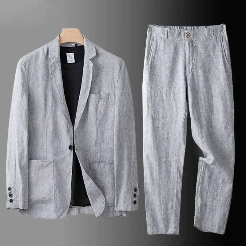 Summer Cotton Linen Blazers Pants Suit Men's Summer Loose Casual High Street Sunscreen Jackets Long Trousers Set Male Clothes