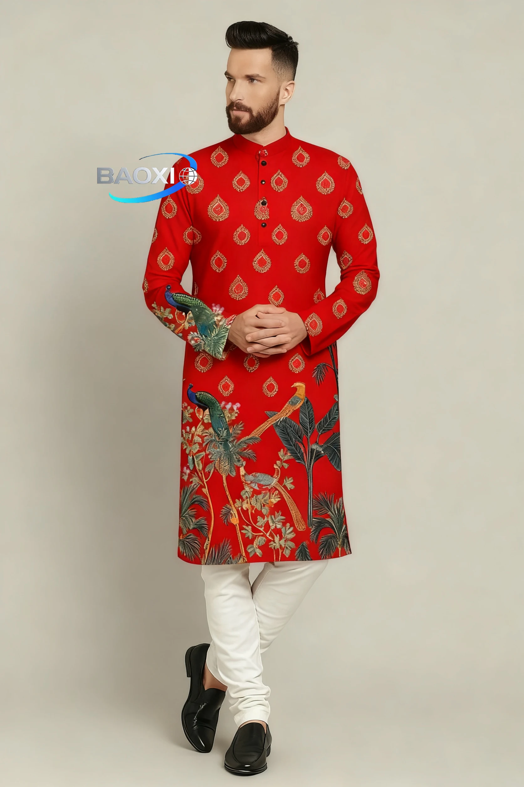 2025 men's printed kurta vardha fitted Mandarin collar long robe suitable for all occasions, such as high-end wedding venues