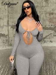 Dulzura-Macacão com cordões monocromático feminino, alças ocas, roupa de rua sexy, mangas compridas, puro, verão, outono, atacado, 2023