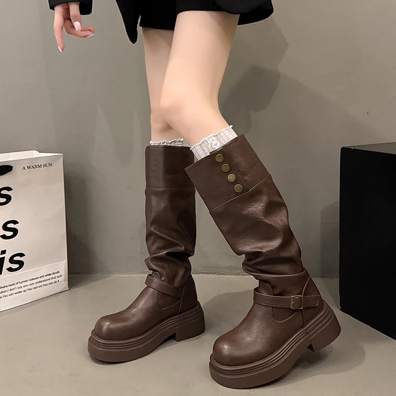Vintage Women Knee High Boots Autumn Winter Ladies Causal Thick Heel Knight Long Botas Zapatos De Mujer image 4
