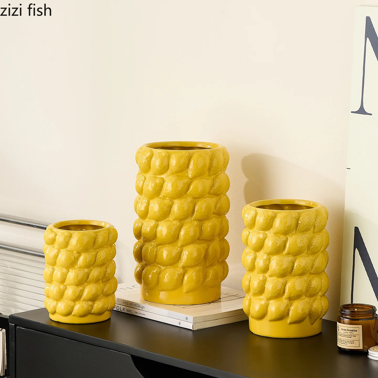 Relief Lemon Vase Ceramic Flower Arrangement Vase Hydroponic Vase Desktop Creative Flower Vessel Home Decoration Ornament