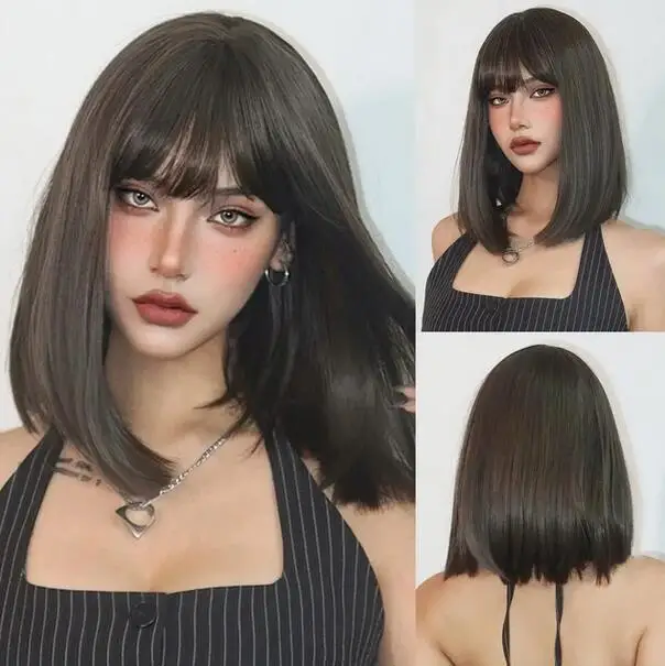 

Straight Bob Synthetic Wigs Dark Brown Hair with Bangs for Women Shoulder Length Wig Daily Use Heat Resistant Korean Hairstyle