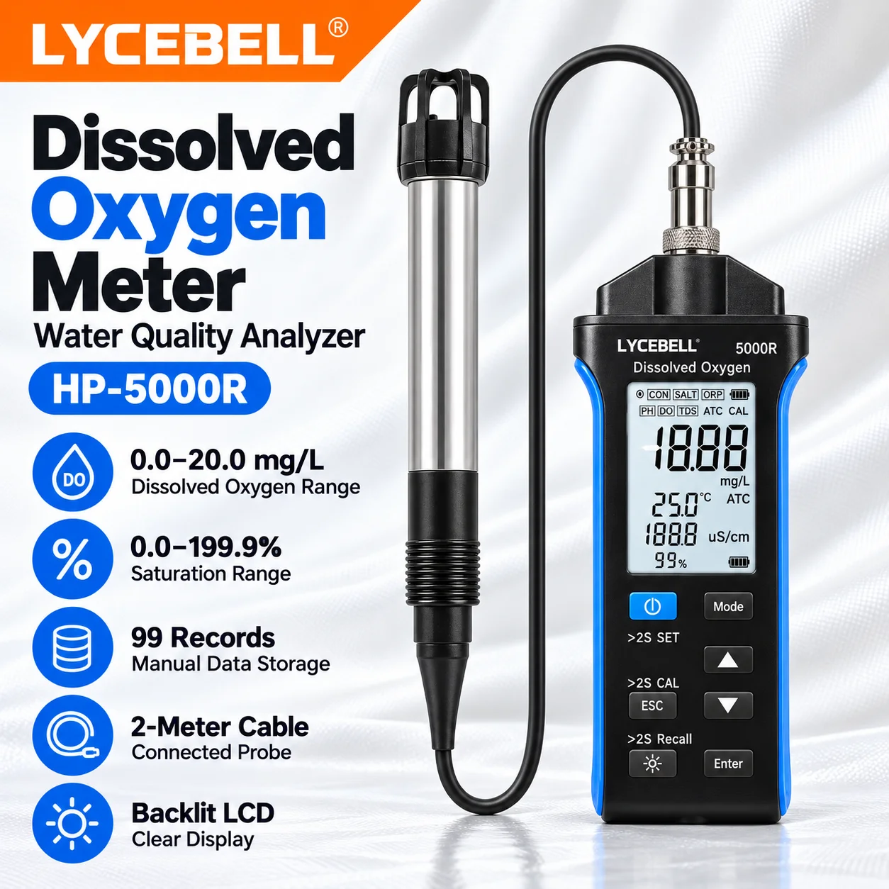 HoldPeak Optical Dissolved Oxygen Meter 5000R, Membraneless Maintenance-Free, Salinity & Altitude Compensation for Water Testing