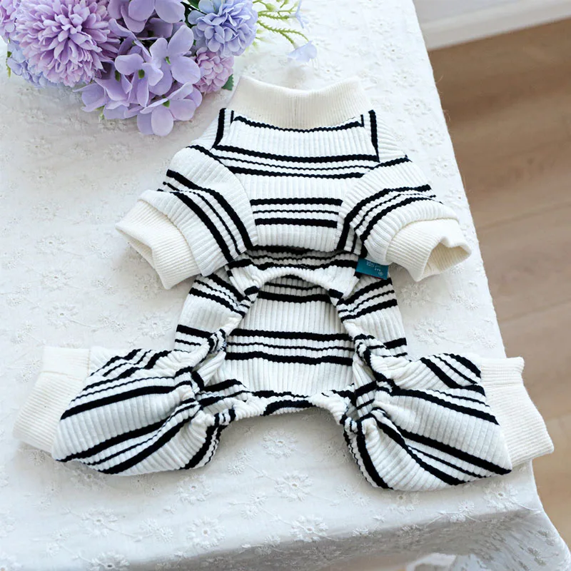 Cat Dog Pajamas Jumpsuit White Black Stripped 4-Legs Hoodies Pet Dog Clothes For Small Dogs Dachshund Puppy Onesie Pijamas PJS#L