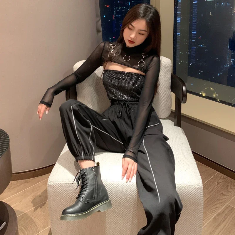 

Новые костюмы для джазовых танцев для женщин, черный укороченный топ, комбинезон в стиле хип-хоп, светоотражающая одежда-карго, современная танцевальная одежда, сценический наряд XS3031