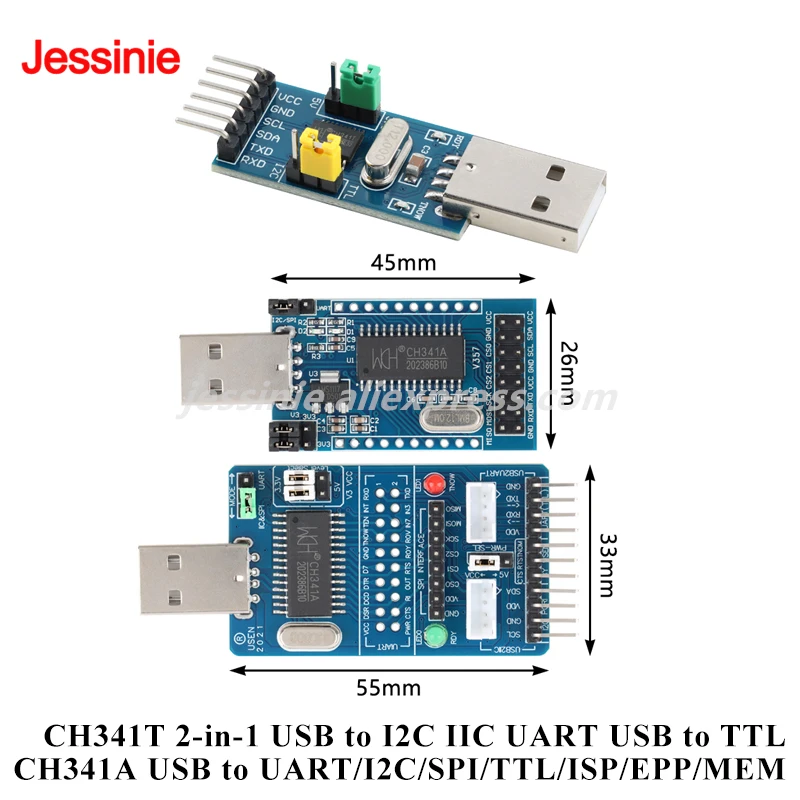 CH341A USB to I2C IIC UART SPI TTL ISP MCU Serial Adapter Module EPP/MEM/Printer Parallel CH341T 2 in 1 Serial Port Converter