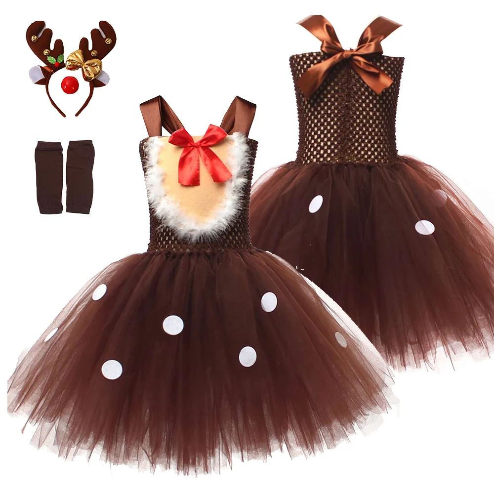 Kinder Mädchen Elch Rentier Cosplay Kostüm Weihnachten Tutu Kleid Stirnband Outfits Halloween Karneval Party Verkleidung Anzug