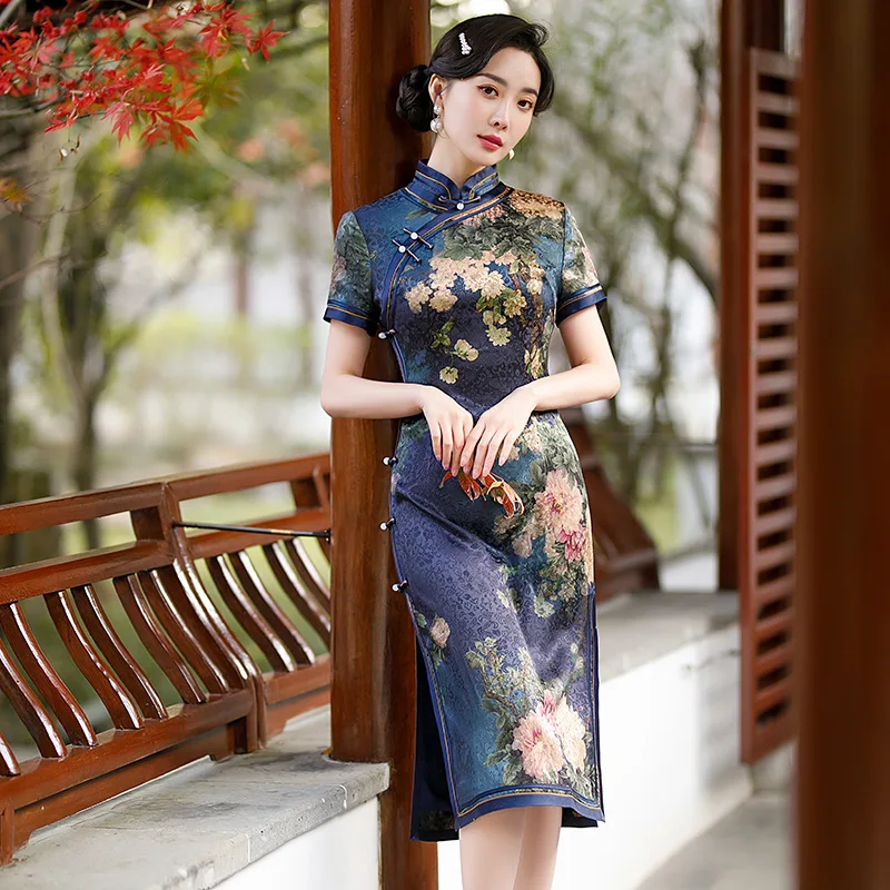 

High Quality Real Silk Cheongsam Qipao 2024 New Women's Daily Elegant Chinese Style Mom Dress Mid-Length