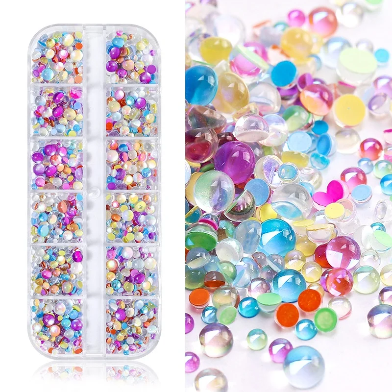 Aurora Mermaid 3D Bubble Beads Nail Charms 12 Grids Mixed Color Crystal Gems Nail Art Decoration Flatback Rhinestones for Nails