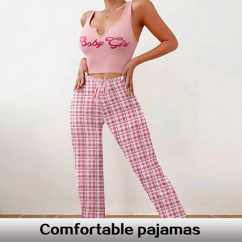 

Women's Long Plaid Pajamas Set Women's Printed Plaid Casual and Comfortable Home Milk Silk Slim Fitting Women's Pajamas Set