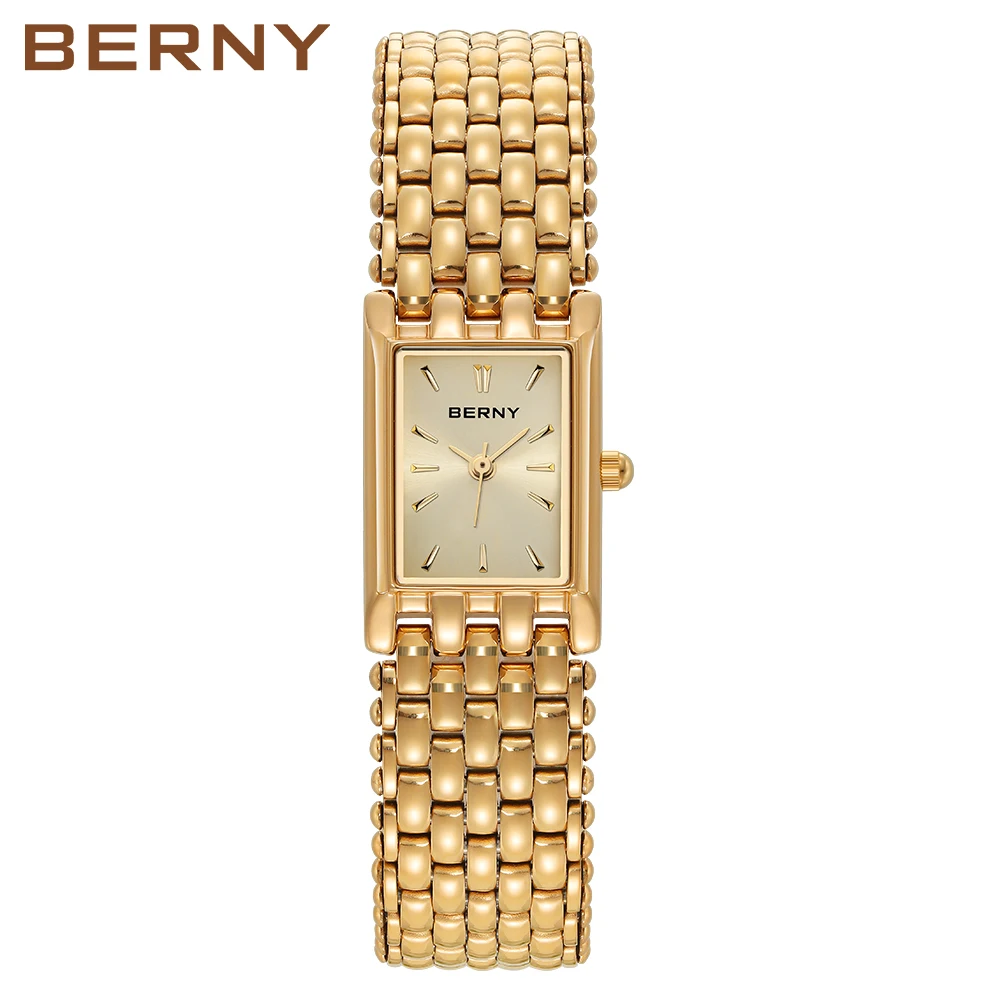 BERNY-Petite montre carrée en or pour femme, montres-bracelets à quartz pour femme, acier inoxydable, luxe, décontracté, mode