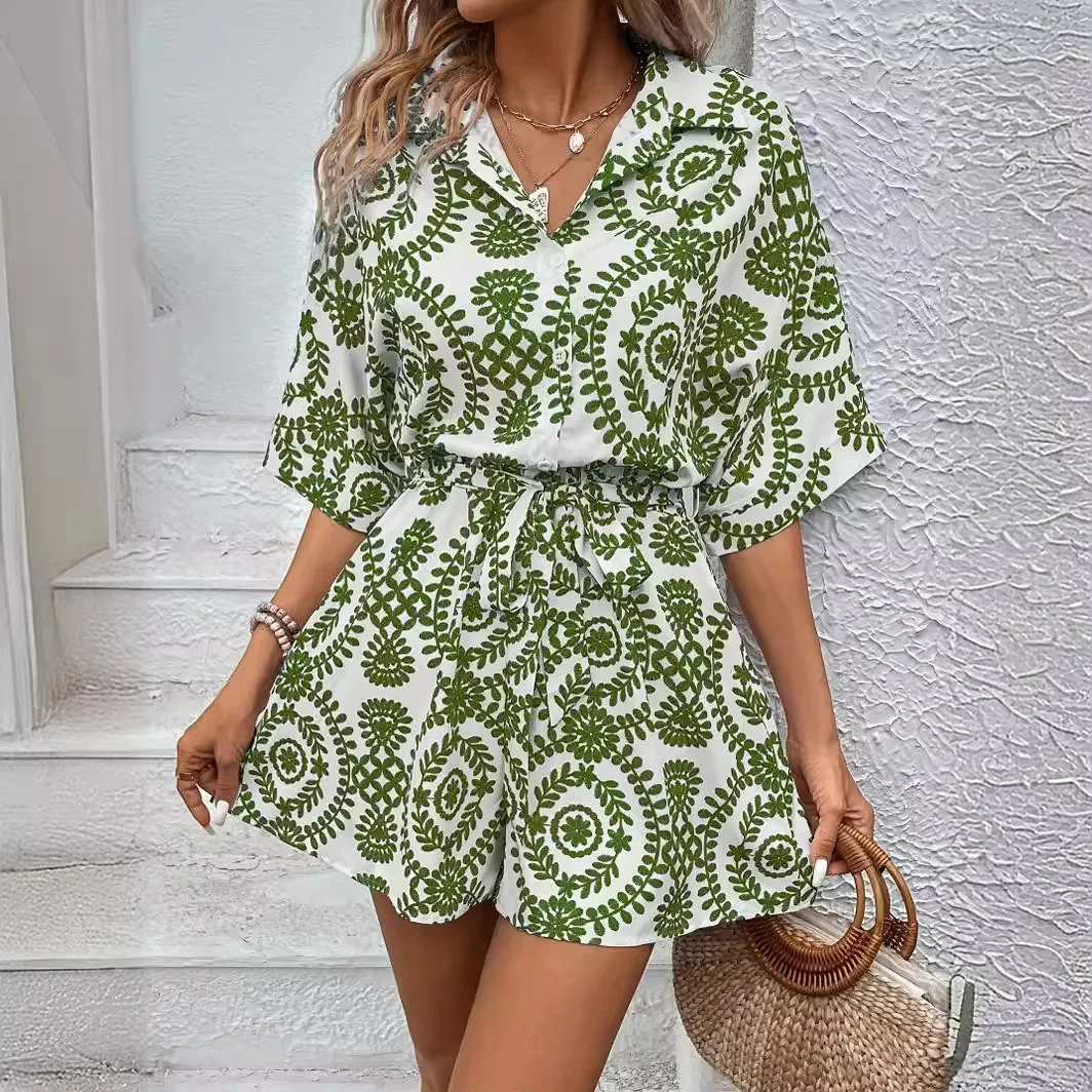 Camisa de impressão feminina macacão verão moda botão batwing manga boho macacão feminino casual solto rendas até playsuit senhoras