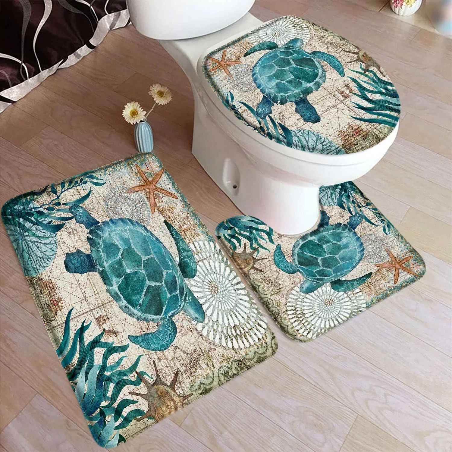 Ocean Octopus Bath Mat Set Sea Turtle Seahorse Vintage Nautical Map Sailboat Home Carpet Bathroom Decor Floor Rugs Toilet Cover