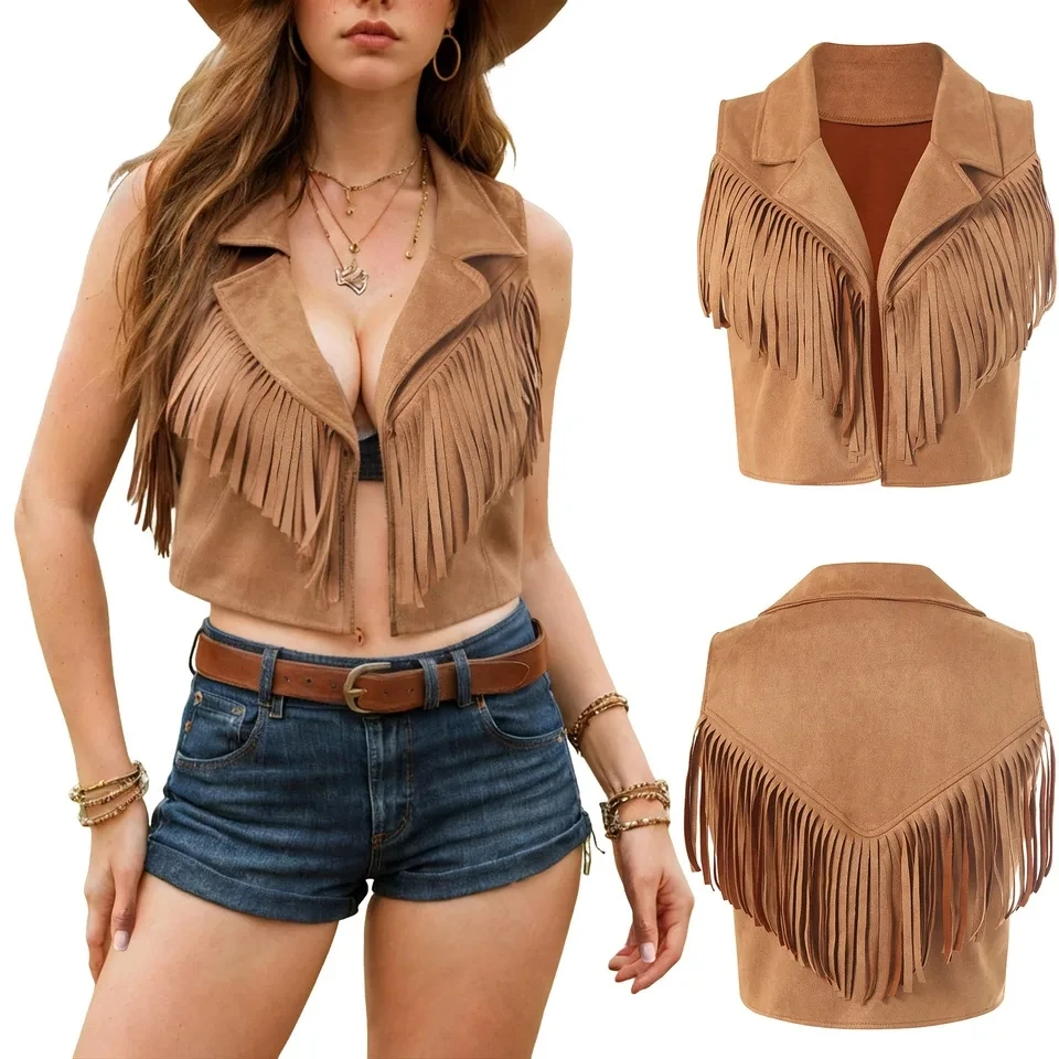 

Women Vintage Faux Suede Fringe Vest Cropped Western Boho Tassel 70s Hippie Cardigan Sleeveless Waistcoat s