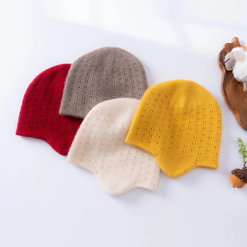 Children's High-Quality Pure Cashmere Ear Cap Winter Outdoor Warm Knitted Beanie Fashion Hollow Pullover Hat For Boys and Girls