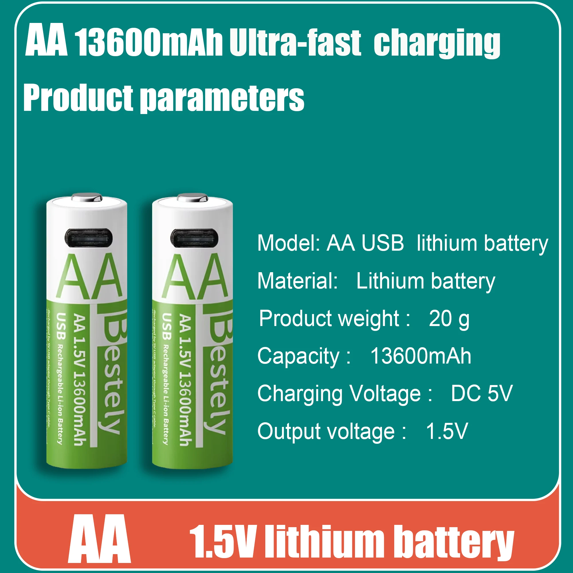 ⚡ AA Rechargeable Lithium Battery 13600mAh NO.5 USB 1.5V Constant Voltage High-Capacity for Mouse Fingerprint Door Lock Handle
