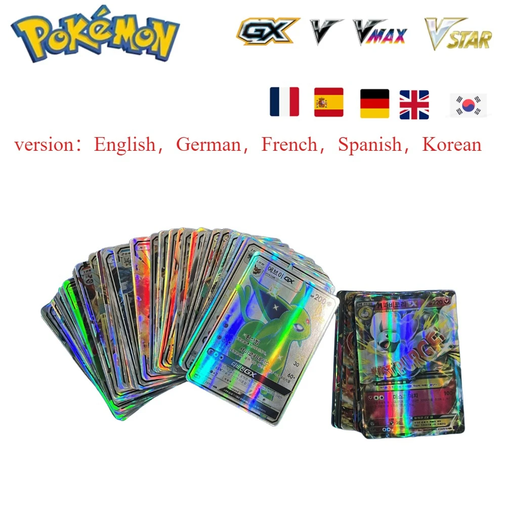 

60/100/200Pcs Pokemons French English German Korean Spanish Cards Pokemons Card GX VMax VMAX V TT Pikachu Anime Battle Card