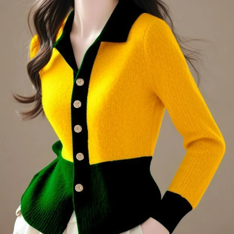 2025年秋新作　上品なポロネックニットカーディガン　通勤ファッション　フレンチスタイル　長袖シンプルトップス